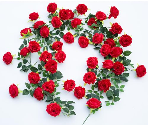 zhixinyue 2Pcs 12Ft Bendable Artificial Flower Garland Faux Rose Vine Hanging Floral Garland for Wall Decor Trellis Fence Home Room Garden Wedding Decoration(Red, 2pcs)
