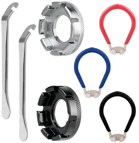 7 Stück Speichenschlüssel Fahrrad Set mit 2 Stück 10-15 Gauge Nippelspanner | 3 Speichenschlüssel & 2 Fahrradreifenhebern, Bike Fahrradwerkzeug Set, Fahrrad-Reparaturwerkzeugsatz, Kohlenstoffstahl