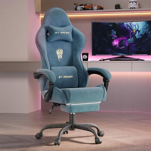 Verdego Silla Gaming con Masaje Lumbar y Reposapiés, Silla Gamer Ergonómica, Tela de Terciopelo, Reclinable 90-125°, Altura Ajustable 10cm, Giratoria 360°, Cadeira Gaming (Gris Azulado)