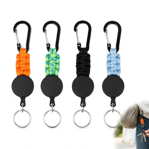 Pack de 4 Llaveros Extensibles Retráctiles con Cuerda de Acero de 70 cm, Mosquetón Resistente, Ideal para Soporte de Tarjeta ID, Tarjetas de Acceso y Llaves