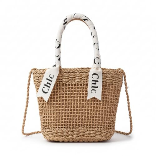 Yeaxxsqy Raffia-Geldbörse, große Khaki-Strohtasche – Strandurlaub-Umhängetasche aus Korbgeflecht für Damen
