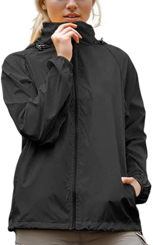 Coupe Vent Femme Impermeable Veste De Pluie Avec Capuche Légère Séchage Rapide Couleur Unie Léger Manteau de Pluie Sport Montagne Fermeture éclair Fine Respirant Veste Pour Les Voyages Et Le