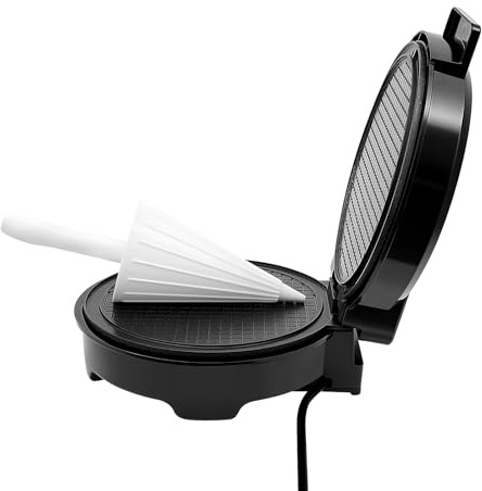 Gaufrier à Cornets de Glace, Machine à Gaufres Cônes 1200W avec Thermostat Réglable 150-200°C, Revêtement Antiadhésif Double Face Ø20cm, Rouleau à Cornet Inclus, pour Desserts Maison, Petit-Déjeuner