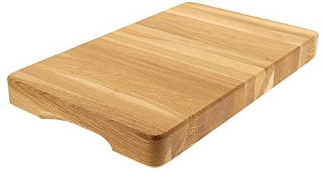 HOFMEISTER® Holz-Schneidebrett aus Eiche, 40 x 25 x 4,2 cm, mit seitlichen Griffen & Saftrille, Hackbrett einfaches Schneiden auf dem Tranchierbrett, robuste Schneideunterlage