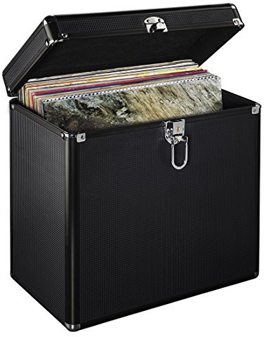 Hama LP-Koffer im Alu-Look (zur Aufbewahrung von 50 Schallplatten, abschließbar) Vinyl Aufbewahrungsbox, Plattenkoffer schwarz