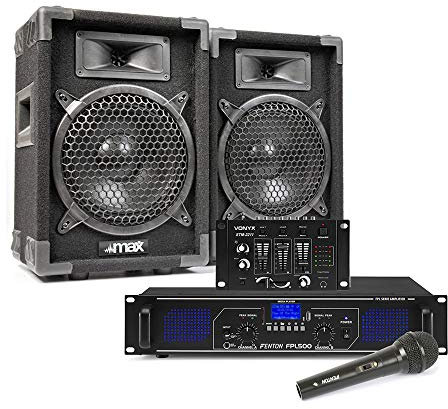 Max 8 DJ PA System Kit - Pair of Passive 400W Speakers, FPL500 Bluetooth Amplifier, Vonyx 4-Channel Mixer with Crossfader & Wired Microphone - Red