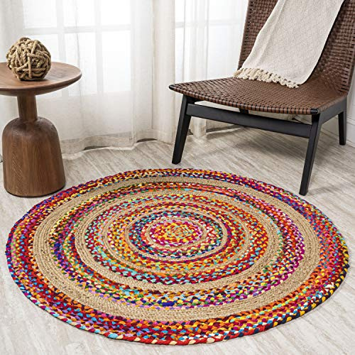 JONATHAN Y Braided Rag Jute Multi/Natural 4' Round Indoor Area Rug, Isla Boho, Natural Fibers, Geometric, Easy-Cleaning for Living Room, Bedroom, Kitchen, Pet Friendly, Non-Shedding (RNF105A-4R)