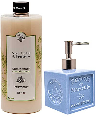 Maison Du Savon De Marseille Flüssigseife mit blauem Keramik-Seifenspender, Nachfüllpackung 1 Liter und Spender 300 ml
