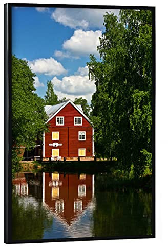 artboxONE Poster mit schwarzem Rahmen 60x40 cm Natur Haus am Fluss - Bild schweden Haus holzhaus