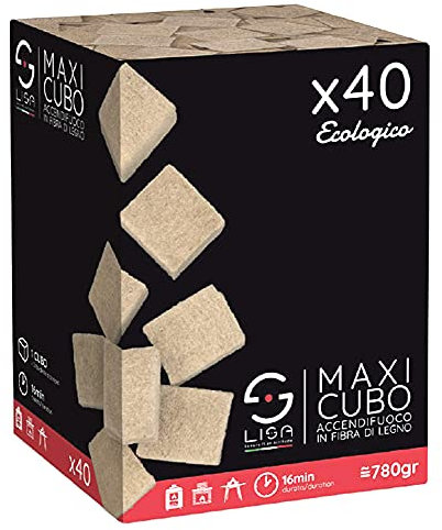 LISA Luxury IS an Attitude Maxi Cube Allume-feu en Fibre de Bois 40 pièces - Dimensions : 35 x 27 x 27 mm - Durée : 16 Minutes Environ