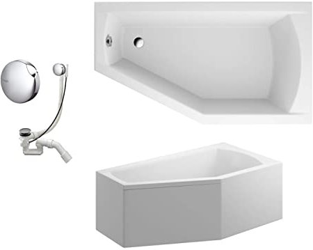 VBChome Badewanne Rechts 160x90 cm Acryl SET Schürze Siphon Wanne Ecke Eckbadewanne Weiß Design Modern Ablaufgarnitur Wanne Rechts Schürze Ablaufgarnitur Füße