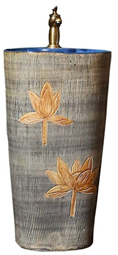 ARZARF Sockel Schiff Waschbecken Standwaschbecken Freistehendes Waschbecken aus Keramik Geschnitztes Lotus-Standwaschbecken mit Wasserhahn Waschbecken Freistehend