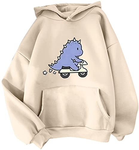 YINGKE Donna Adolescente Kawaii Morbida Felpa con Cappuccio Carino Dinosauro Anime Stampa Manica Lunga Autunno Inverno Ragazze Felpa(2XL,Beige)