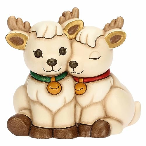 THUN, Coppia Renna Robin Abbracciati in Ceramica Decorata a Mano, Addobbo Natalizio, Idea Regalo, 14.7x9.5x13.4 cm h