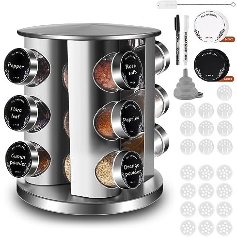 FNLLC Rundes Gewürzregal Mit 12 Gewürzgläser Rund,360° Drehbarer Edelstahl Gewürzkarussell,Gewürz Organizer,Gewürzständer Stehend,Gewürzdosen Mit Streueinsatz,Gewürzglas