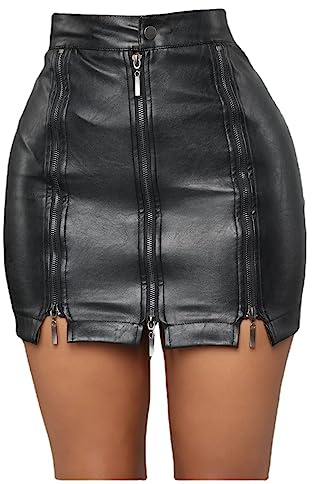 HEARTTOUCH Gonna sexy da donna a vita alta, in pelle PU, slim in ecopelle, minigonna elasticizzata, gonna in pelle, Gogo Clubwear, A nero, S