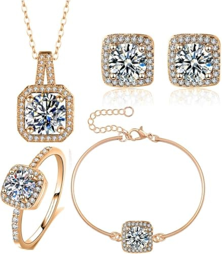 TOEECY Quadratischer Zirkonia Schmuckset Halskette Ohrringe Armband Ring Kristall Brautschmuck Silber Glänzend Damengeschmeide Hochwertig Elegant