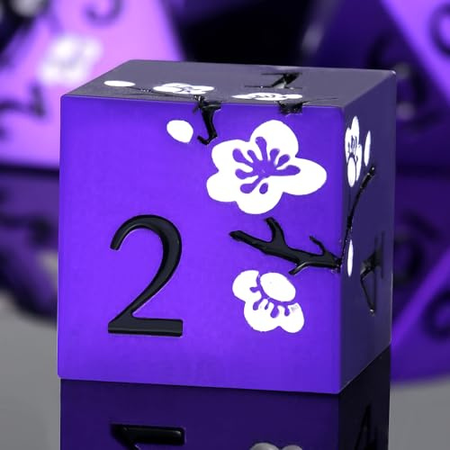 DNDND - Set di 7 dadi in metallo viola opaco, per D&D, con splendida custodia regalo, per giochi da tavolo come Dungeon e Dragon (viola opaco con fiori bianchi)