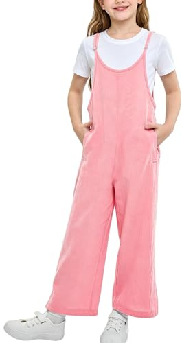 Rolanko Girls Jumpsuit Adjustable Spaghetti Strap Loose Overalls Rompers, Cotton Baggy Plain Playsuits with Pockets for Age 5-12 Years