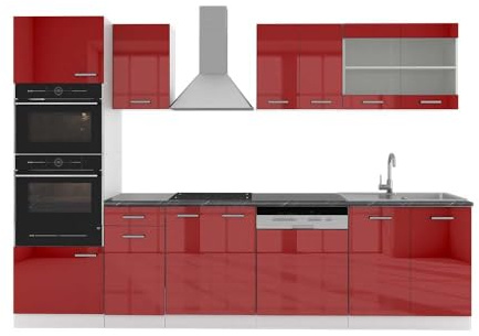 Vicco Küchenzeile R-Line, Rot Hochglanz, 300 cm | 8 Module · Höhenverstellbare Füße · AP Anthrazit inkl. · Robuste Fronten · Mit Backofen-/Mikrowellenschrank