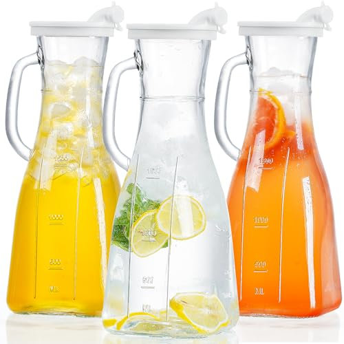 Absovetu Confezione da 3 caraffe in vetro con coperchio, 1,9 l, brocche per acqua in vetro per frigorifero, caraffa per acqua, brocca per succhi, latte, vino, tè