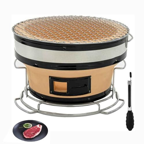 Yiustldd Runder Holzkohlegrill für den Tisch, japanischer Keramik-Tongrill mit Grillzange für Camping, Outdoor, Indoor