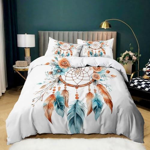 Bettbezug Bedruckt Bettwäsche-Set 240 × 220 cm, Drucken Bettbezug Aquarell TraumfäNger Bettwäsche-Set auf Weiches Mikrofaser-Baumwolle 1 Bettbezug Blau Orange und 2 Kissenbezug