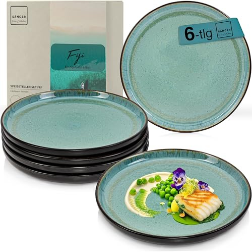 SÄNGER Fiji | Teller Set 6 Personen, Steingut Geschirr Set 6 teilig, Speiseteller Essteller Dinner Set kratzfest, Plates Set spülmaschinenfest, Steingut Speise Teller dunkelgrün | VALUE COLLECTION
