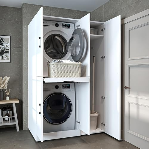 ROOMART Dora - Armoire de machine à laver - Pour sèche-linge et machine à laver - En 4 couleurs - Avec portes et panneau coulissant - Blanc - Chêne