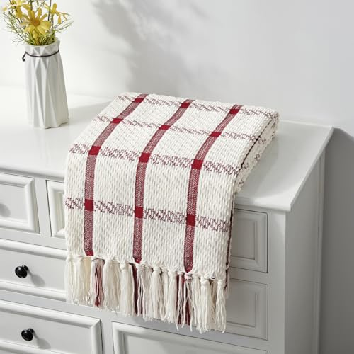 CREVENT 127 cm x 152 cm bondgård andningsbar mjuk och varm chenille filt för bäddsoffa, heminredning överkast med tofsar (röd och vit)