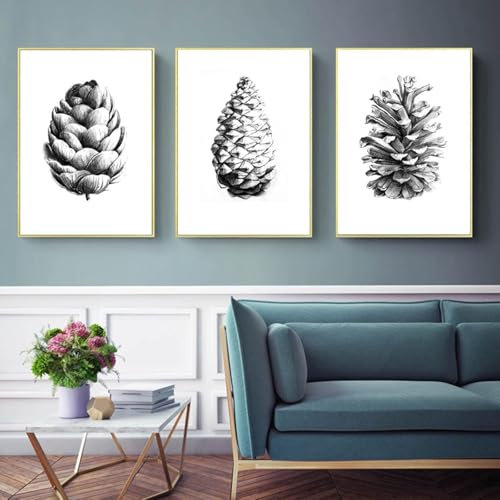 HMXQLW Schwarz-Weiß Tannenzapfen Wandbilder Nordische Bilder kunstdrucke Wohnzimmer Deko,Leinwandbilder Poster und Drucke Wandkunst Schlafzimmer Rahmenlos (3X50X80CM)