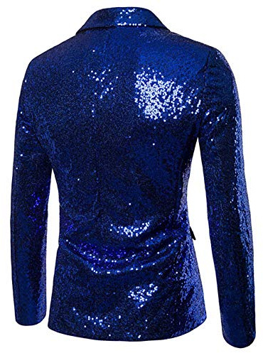 Foweknow Giacca da uomo con paillette, oro glitterato, slim fit, per matrimonio, smoking regolare, vestibilità moderna, blazer lucido da uomo, performance, costume da discoteca e danza, Blu, L