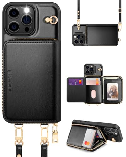 OCASE Hülle Kompatibel für iPhone 16 Pro Max, RFID-Blockierung PU-Leder Reißverschluss Handtasche Geldbörse Flip Cover, Kickstand Folio Case mit Kartenschlitzen Halter Handgelenkband Lanyard Schwarz