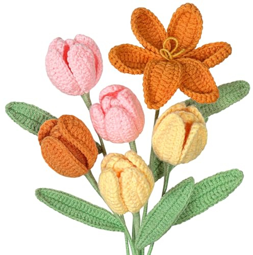 UXORSN 6 Pezzi Bouquet di Tulipani Uncinetto Fiore All'uncinetto Realizzato a Mano Fiori Artificiali Multicolore Finiti Tulipano Uncinetto Tulip Fiori Regalo per Mamma Compleanno Matrimonio Ufficio