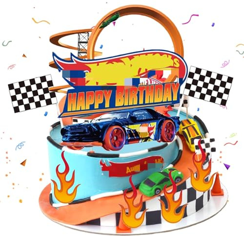 Cake Toppers Kids Racing Car- Cake Decoration Car Cake Toppers for Boys Kids Birthday Party Decoration Supplies Personalised Flaming Cake Topper for Wheel Theme Birthday Party Baby Shower Deco