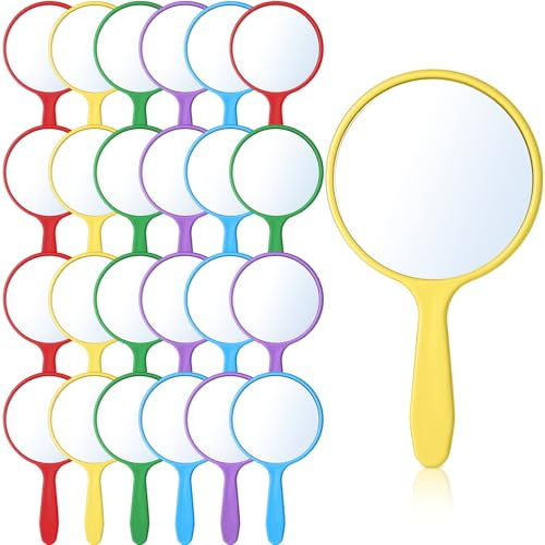 Jetec 25 Pcs Handheld Mirror with Handle, 3.94 L x 2.17 W, Small Portable Round Mirror Bulk for Kids Classroom Travel Makeup Camping Daily Gifts DIY Easter Crafts (Red, Yellow, Blue, Green, Purple)