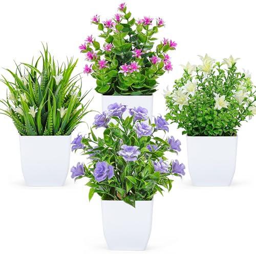 BTSD-home 4 Pack Fake Plants Small Green Artificial Plants with Flowers Indoor for Home Office Bathroom Shelf Decor