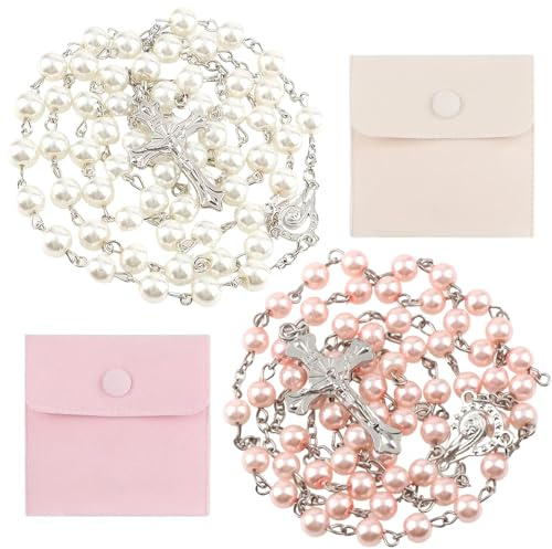 ClcIosis 4 Stück Rosenkranz Kette 2er Set, Glasperlen Rosary Necklace mit Kreuz und Marienbild Inkl 2 Samtbeuteln für Gebete Geschenke (Weiß und Rosa)