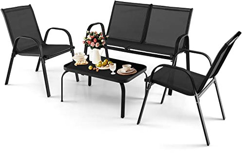 KOMFOTTEU Juego de Muebles de Jardín de 4 Piezas, Conjunto con Banco de 2 Plazas, Mesa de Centro y 2 Sillones, Set de Muebles de Textileno y Cristal Templado, para Balcón, Terreza, Patio (Negro)
