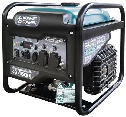 K&S Könner & Söhnen KS Inverter-Benzingeneratore, generatore inverter max. potenza 4500 W, USB QC 3.0, Type-C, modalità Eco, display LED, 4 tempi, 12V, 2×230 V prese, generatore di emergenza a benzina
