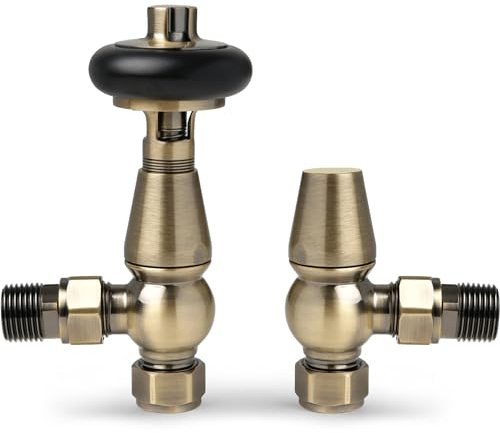 Antique Brass Angled Radiator Valves Antique Radiator Valves 15mm x 1/2 for Heated Towel Rails & Central Heating Radiators Wood Head Brass Radiator Valve Set