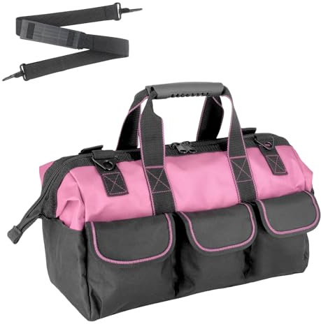 Oseeny 16-inch for women purple tool box Non-slip feet adjustable shoulder strap 14 functional insert pockets,large capacity Men's heavy-duty toolbox,for electricians, carpentry,gardening (Pink)