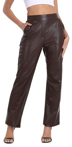 HDE Women's Pull On Faux Leather Kick Flare Pants High Waisted Pant with Pockets Dark Brown - M