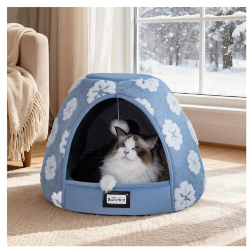BALANCE Cat Beds for Indoor Cats, 2-in-1 Cat Bed Cave with Anti-Slip Bottom and Ultra-Soft Plush, Cozy Cats House Tent for Kittens and Small Dogs, 19 Inches, Blue