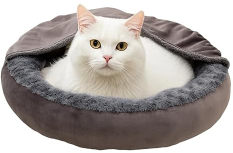 Lit rond chaud pour chat et chien, 60 x 60 x 14 cm avec housse – Lit couvert pour animaux de compagnie – Spot de couchage confortable pour chatons et chiots – Utilisation en extérieur, voyage, hiver
