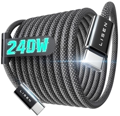 LISEN 240W Cable USB C Charge Rapide, 3m PD 5A Cable USB C vers USB C Câble | Chargeur USBC Nylon Tressé pour iPhone 17 16 Samsung S25 Ultra iPad Air MacBook Pro Google Pixel 9 Xiaomi Switch, Noir