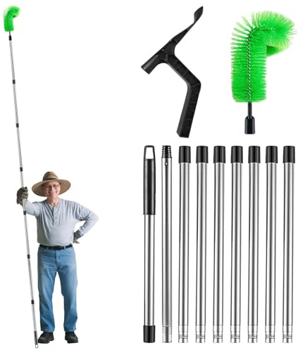 ACESOME Gutter Cleaning Tools, 11.4FT Adjustable Telescopic Gutter Cleaner with 1 Brush Head & Spade, 9 Poles Hedgehog Gutter Brush for Removal of Leaves, Debris & Cobwebs (Green)