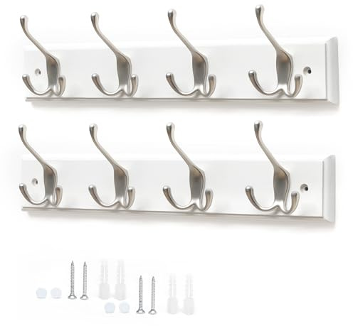 Flatro Coat Hooks Wall-Mounted | Bamboo Coat Rack with 4 Triple Zinc Alloy Hooks to Hang Hats, Jackets, Bags, Keys, Towels & More | Fixings Included (4 Triple Hook Bamboo White, Pack of 2)