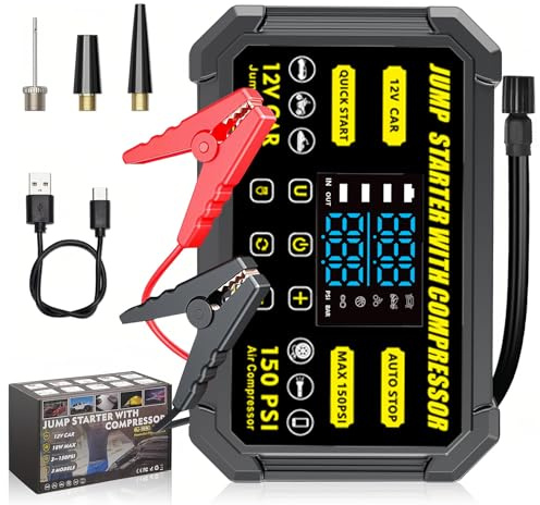 MidingChai Starthilfe Powerbank für PKW, 12V Auto Autobatterie Starthilfe mit Kompressor 150PSI, 29600mWh Multifunktionale Starter Powerbank, Starthilfegerät mit Taschenlampe, 18W Schnellladung