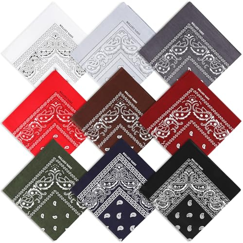 Mochabao 100% Cotton Bandanas, 22 x 22 Inches, Multi-Purpose Hair Wraps, Face Covers, Handkerchiefs for Women, Men & Teens, Set of 9, Neutral Colors